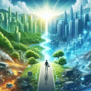 Ilustração de uma pessoa no meio da estrada precisando escolher dentre dois caminhos, lado esquerdo sendo um planeta sustentável e do lado direito, um planeta de lixo eletrônico.