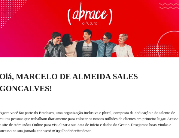 E-mail de boas-vindas da Bradesco Seguros para Marcelo Salles, confirmando sua admissão no programa de estágio.