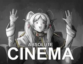 Meme da Frieren, sentada em uma cadeira com as mãos para cima em sinal de aprovação, com a legenda "ABSOLUTE CINEMA".