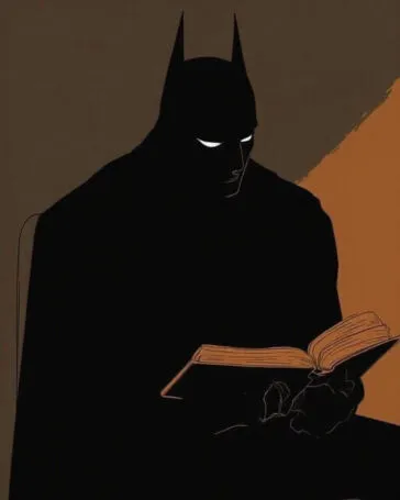 Ilustração minimalista de Batman em silhueta escura, com apenas os olhos brancos brilhando, lendo um livro sob uma luz laranja.