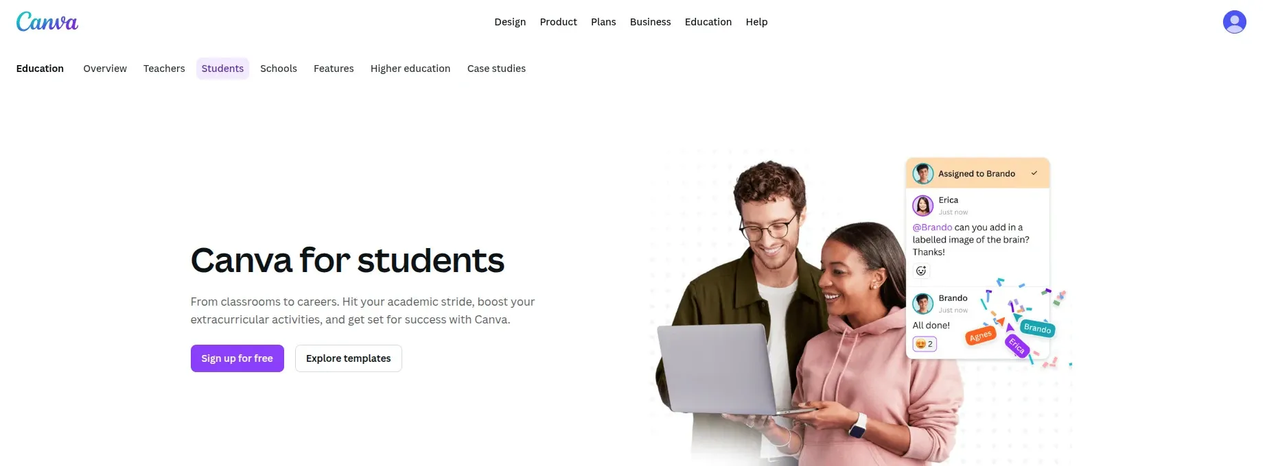 Página inicial do Canva for Education oferecendo acesso Pro gratuito para estudantes.