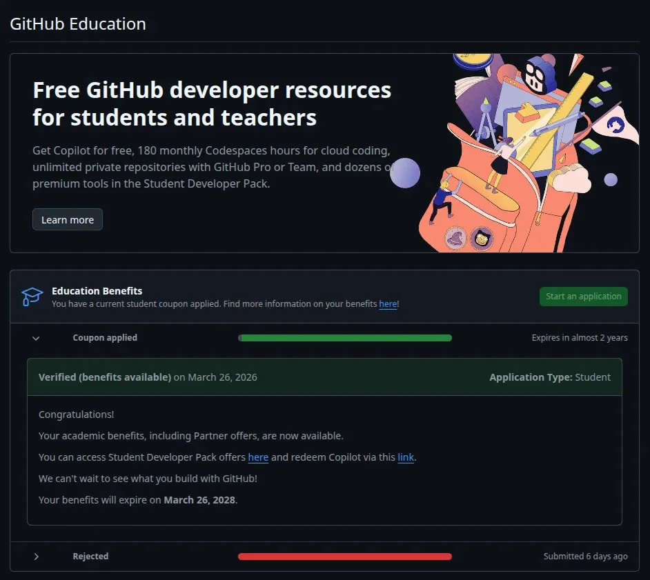 Imagem de uma página do GitHub Education mostrando recursos gratuitos para estudantes e professores, incluindo códigos e benefícios de aprendizado em tecnologia.