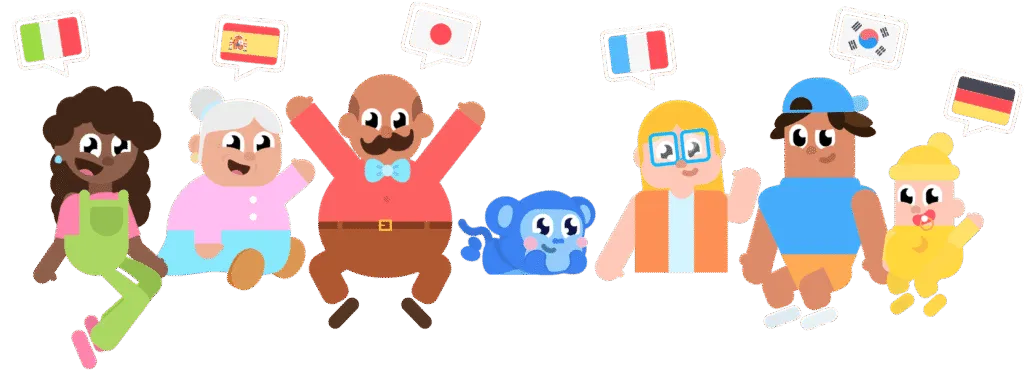 Ilustração colorida de uma família ou grupo diversificado de personagens de desenho animado (adultos, crianças e um macaco azul). Acima de suas cabeças, há balões de fala com bandeiras que representam diferentes idiomas: Itália, Espanha, Japão, França, Coreia do Sul e Alemanha, simbolizando comunicação global.