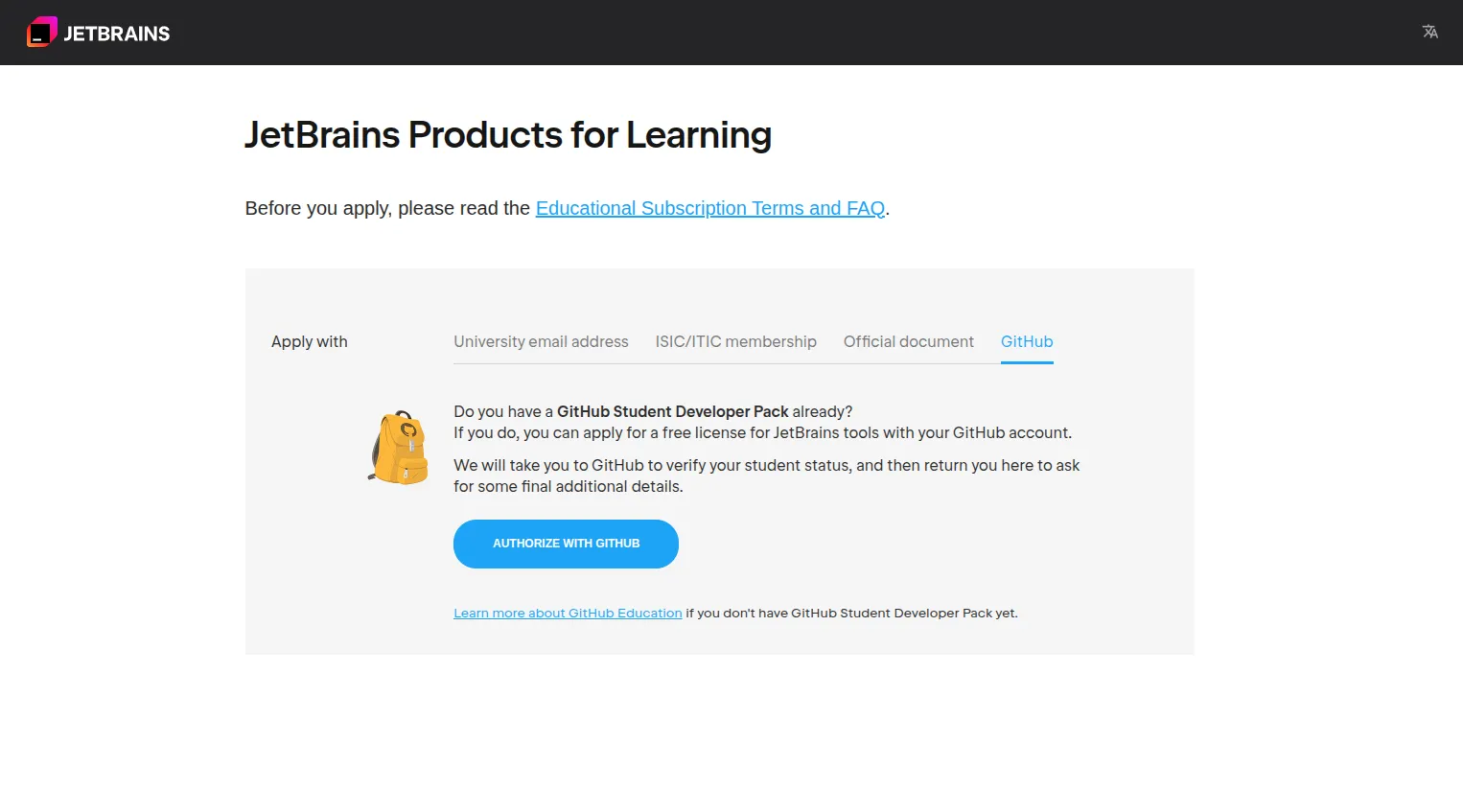 Tela de inscrição para o programa JetBrains Education, solicitando o uso de uma conta do GitHub para verificar o status de estudante, com botões e links para informações adicionais.