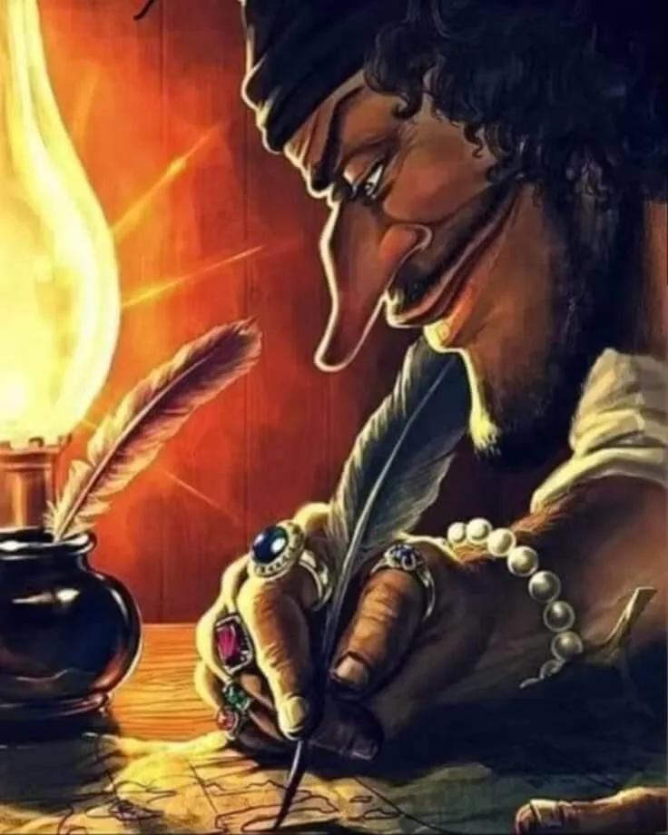 Meme do personagem Marshall D. Teach (Barba Negra), de One Piece, com uma expressão focada e um sorriso astuto enquanto escreve em um pergaminho com uma pena, sob a luz de um lampião.