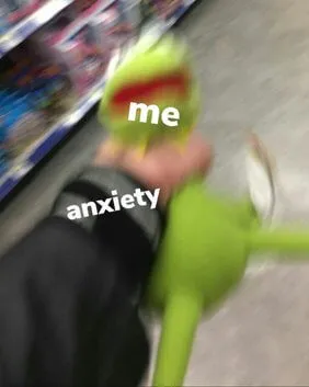 Meme de fantoche Caco, o Sapo (Kermit), sendo estrangulado por uma mão em um fundo borrado, com legendas "me" (eu) no rosto do Caco e "anxiety" (ansiedade) na mão, ilustrando o sentimento de ser dominado pela ansiedade.