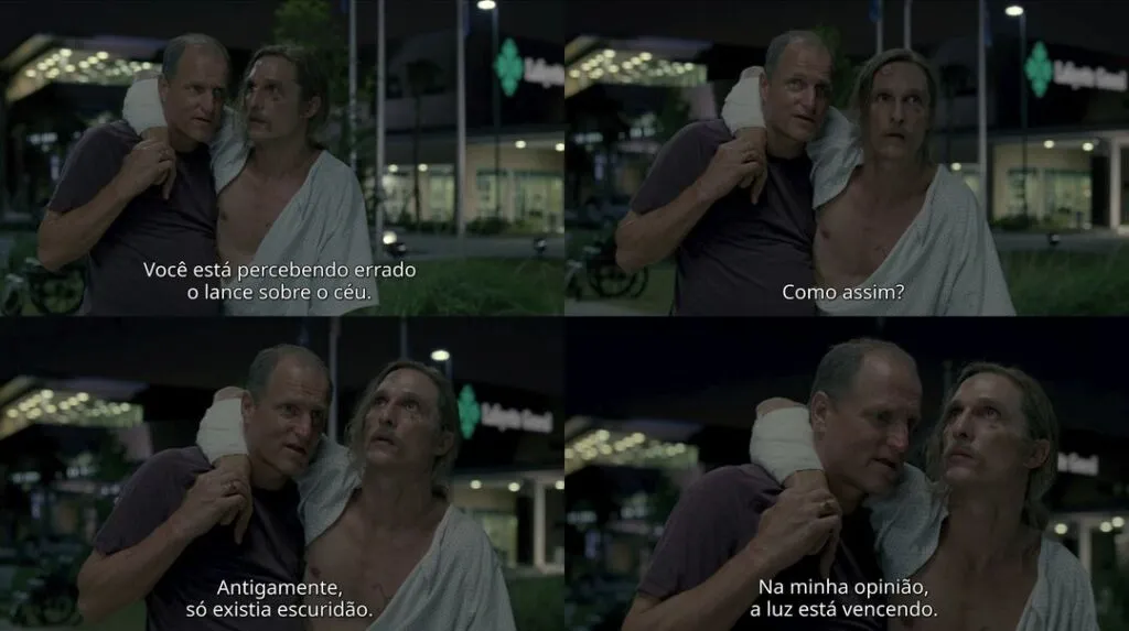 Cena do diálogo final da primeira temporada de True Detective, onde Rust Cohle, apoiado por Marty Hart, compartilha sua filosofia de vida com a frase: "Na minha opinião, a luz está vencendo."